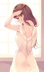  adjusting_hair ass back brown_hair closed_mouth dress from_behind jewelry kantai_collection komi_zumiko long_hair looking_back necklace ooi_(kantai_collection) pink_eyes profile sleeveless sleeveless_dress solo window 