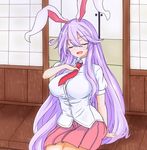  animal_ears blouse breasts bunny_ears closed_eyes hand_on_own_chest highres large_breasts lavender_hair long_hair necktie open_mouth pleated_skirt red_neckwear reisen_udongein_inaba shirt skirt solo sprout_(33510539) touhou very_long_hair 