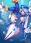  1girl android blue_eyes blush boots bubble female gloves helmet high_heels holding holding_weapon illness1004 knees_together_feet_apart legs_up leviathan_(rockman) polearm rockman rockman_zero solo thigh_boots thighhighs twitter_username underwater water weapon white_gloves 