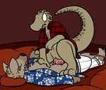 2016 aliasing anthro blush brown_fur clothing digital_media_(artwork) duo female flannel fur gnoll hyena lizard mammal penis pussy reptile scalie sex shirt simple_background trout_(artist) trout_(character) 