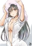  arms_up black_hair breasts brown_eyes chize cleavage collarbone drying drying_hair eyebrows eyebrows_visible_through_hair haruna_(kantai_collection) head_tilt kantai_collection long_hair looking_at_viewer medium_breasts navel open_clothes open_shirt shirt short_sleeves simple_background solo stomach towel upper_body very_long_hair white_background white_shirt 