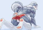  anthro blue_background blush butt canine clothing colored male mammal muscular presenting presenting_hindquarters rear_view scrawl_naguri simple_background solo teasing underwear 