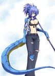  blue_eyes blue_hair dragon_girl dragon_tail front-tie_top g_(desukingu) highres original pants scar solo tail torn_clothes torn_pants 