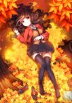  autumn_leaves blazer brown_eyes brown_hair christinya highres jacket leaf loafers long_hair lying on_back original school_uniform shoes shoes_removed skirt smile solo thighhighs tree tree_stump zettai_ryouiki 