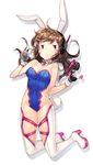  2016 adapted_costume animal_ears artist_name bad_id bad_pixiv_id bangs bare_shoulders blue_leotard boots bracer breasts brown_eyes brown_hair bunny_ears bunny_girl bunny_tail bunnysuit charm_(object) chestnut_mouth choker cleavage collarbone covered_navel d.va_(overwatch) dated detached_collar eyebrows eyebrows_visible_through_hair facepaint facial_mark fake_animal_ears gloves goyain groin gun handgun high_heel_boots high_heels highleg highleg_leotard highres holding holding_gun holding_weapon legs_up leotard long_hair looking_at_viewer medium_breasts midair overwatch simple_background sleeveless solo tail thigh_boots thigh_strap thighhighs weapon whisker_markings white_background white_footwear white_gloves white_legwear 