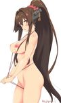 2016 artist_name blush breasts brown_eyes brown_hair dated flower hair_flower hair_intakes hair_ornament headgear highres kantai_collection large_breasts long_hair looking_at_viewer nipples open_mouth ponytail red_swimsuit simple_background slingshot_swimsuit solo swimsuit swimsuit_pull umyonge_(lkakeu) very_long_hair white_background yamato_(kantai_collection) 