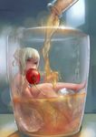  barefoot blonde_hair cherry cup drinking_glass food fruit in_container in_cup minigirl mouth_hold nude original pointy_ears solo waymay 