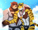  2016 abs anthro armpits beach bear bearlovestiger13 biceps birthday blue_eyes blush bulge celebration chest_tuft clothed clothing cloud detailed_background duo eyes_closed feline fur gi_(judo) gold_medals happy hi_res hold_hands hug judo juuichi_mikazuki love male male/male mammal morenatsu muscular nipples nude outside pecs pink_nose romantic_couple seaside sky speedo stripes suit summer sun sweat swim swimmer swimming swimsuit tiger topless torahiko_(morenatsu) tuft victory white_fur 