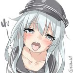  bangs blue_eyes blue_hair breasts close-up collarbone downblouse ebifurya eyebrows eyebrows_visible_through_hair face flat_cap hair_between_eyes hat hibiki_(kantai_collection) highres kantai_collection long_hair looking_at_viewer open_mouth oral_invitation portrait school_uniform serafuku sidelocks simple_background small_breasts solo teeth tongue tongue_out twitter_username white_background 