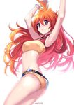  alternate_costume arms_up bikini blush earrings headband jewelry lina_inverse long_hair meto31 midriff orange_hair red_eyes slayers smile solo swimsuit 