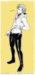  1boy full_body looking_at_viewer male_focus monochrome muscle nukobaooo pokemon pokemon_(game) pokemon_go shirt_lift simple_background smile solo spark_(pokemon) tagme undressing 