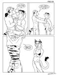  2014 anthro armor canine clothed clothing comic feline fox fur hair hand_on_hand helmet hi_res juano male male/male mammal monochrome muscular open_mouth romantic_couple short speech_bubble text tiger tongue tongue_out 