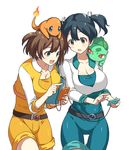  alternate_costume animal animal_on_head animal_on_shoulder aqua_shirt aqua_shorts belt blue_eyes blue_hair breasts brown_hair bulbasaur cellphone charmander cleavage cosplay cropped_jacket female_protagonist_(pokemon_go) female_protagonist_(pokemon_go)_(cosplay) gen_1_pokemon hair_between_eyes hiryuu_(kantai_collection) holding holding_cellphone holding_phone kantai_collection large_breasts looking_down makishima_azusa matching_outfit multiple_girls on_head open_mouth orange_shirt orange_shorts phone pokemon pokemon_(creature) pokemon_go pokemon_on_head pokemon_on_shoulder shiny shiny_clothes shirt short_hair short_twintails shorts side_ponytail simple_background smartphone souryuu_(kantai_collection) thigh_gap twintails white_background 
