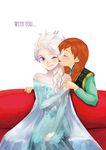  anna_(frozen) blonde_hair blue_eyes blush braid cheek_kiss closed_eyes couch couple elsa_(frozen) english freckles frozen_(disney) happy holding_hands incest kiss multiple_girls one_eye_closed orange_hair protected_link siblings single_braid sisters sitting smile tom_(tomfrozen) twin_braids yuri 