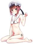  anchor bad_id bad_pixiv_id barefoot beret bikini bow breasts brown_eyes brown_hair feet full_body hat hat_bow highres kantai_collection looking_at_viewer military_hat nekobaka sailor_bikini sailor_collar sailor_hat short_hair simple_background sitting small_breasts solo striped striped_bow swimsuit wariza white_background white_bikini white_hat z3_max_schultz_(kantai_collection) 
