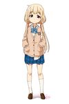  2016 blonde_hair bow cardigan cosplay dated futaba_anzu hands_in_pockets idolmaster idolmaster_cinderella_girls kneehighs loafers long_hair low_twintails mimura_kanako mimura_kanako_(cosplay) school_uniform shoes signature solo takeya_yuuki twintails 