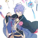  blue_eyes flower highres honegai japanese_clothes kasen_kanesada male_focus purple_hair smile solo touken_ranbu wind_chime 