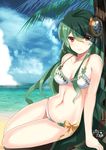  athena_(p&amp;d) beach bikini green_hair highres long_hair lunacats palm_tree puzzle_&amp;_dragons red_eyes sitting solo swimsuit tree yokozuwari 
