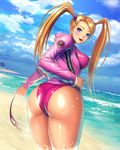  alternate_costume ass beach blonde_hair bracelet breasts covered_nipples from_behind highres hood hoodie jewelry large_breasts looking_at_viewer looking_back mask mask_removed ocean one-piece_swimsuit open_clothes open_hoodie pink_swimsuit rainbow_mika solo street_fighter street_fighter_v swimsuit swimsuit_under_clothes thick_thighs thighs turna98 twintails wet 