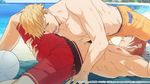  2boys abs bara beach blonde_hair granblue_fantasy lying male_focus multiple_boys muscle nipples nukobaooo ocean outdoors pecs public red_hair restrained sand sexually_suggestive straddling summer sweat tagme topless towel volleyball yaoi 