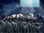  arms_behind_back bdsm bed blue_eyes blue_hair bondage bound breast_bondage closed_mouth hai_to_gensou_no_grimgar highres hiru-kun_no_ami merry_(grimgar) solo tears 