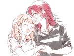  2girls :d ^_^ alternate_hairstyle arm_around_shoulder bang_dream! bangs black_shirt blush closed_eyes eyes_closed grin hand_holding medium_hair multiple_girls open_mouth pink_hair re_ghotion red_hair shirt short_sleeves simple_background sleeves_pushed_up smile udagawa_tomoe uehara_himari upper_body white_background white_shirt yuri 