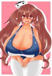  1girl alternate_breast_size ayazumi_flutter blue_swimsuit blush breasts brown_eyes brown_hair collarbone female gigantic_breasts kantai_collection libeccio_(kantai_collection) long_hair long_twintails looking_at_viewer one-piece_swimsuit plump school_swimsuit sideboob simple_background solo standing swimsuit thighhighs twintails very_long_hair white_legwear 