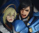  black_hair blonde_hair blood blood_from_mouth brown_eyes cradling_head crying dark_skin eye_of_horus eyeliner eyeshadow facial_tattoo hair_between_eyes hair_tubes high_ponytail highres leonidas_sun lips lipstick long_hair looking_at_viewer makeup mechanical_halo mercy_(overwatch) messy_hair multiple_girls nose open_mouth overwatch parted_lips pharah_(overwatch) power_armor red_lipstick side_braids streaming_tears tattoo tears unfinished upper_body 