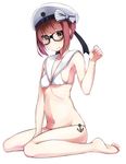  anchor bad_id bad_pixiv_id beret bikini black-framed_eyewear bow breasts brown_eyes brown_hair full_body glasses hat hat_bow highres kantai_collection looking_at_viewer military_hat nekobaka sailor_bikini sailor_collar sailor_hat short_hair simple_background sitting small_breasts solo striped striped_bow swimsuit wariza white_background white_bikini white_hat z3_max_schultz_(kantai_collection) 