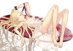  ass bakemonogatari bare_legs bare_shoulders barefoot blonde_hair breasts cleavage commentary_request dress kiss-shot_acerola-orion_heart-under-blade kizumonogatari long_hair looking_at_viewer lying md5_mismatch monogatari_(series) no_panties on_back oshino_shinobu pointy_ears redjuice ribbon small_breasts smile solo very_long_hair white_dress wrist_ribbon yellow_eyes 