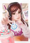  1girl bangs beads blurry brown_eyes brown_hair casual charm_(object) chin_rest clothes_writing cup d.va_(overwatch) depth_of_field dessert disposable_cup drink emblem eyelashes facial_mark food headphones index_finger_raised indoors lips long_hair long_sleeves looking_at_viewer mecha meka_(overwatch) nail_art nail_polish nose overwatch pink_nails pov_across_table reaching restaurant signature smile solo subaru01rins sweatshirt swept_bangs tsurime upper_body whipped_cream whisker_markings wristband 
