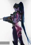  1girl ass back belt blue_hair bodysuit cosplay from_behind gun helmet jannet_vinogradova long_hair overwatch ponytail purple_skin sniper spandex weapon widowmaker_(overwatch) 