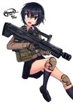  black_hair blue_eyes dated dreadtie gloves gun headset highres knee_pads original short_hair signature solo weapon 