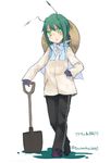  alternate_costume antennae black_footwear black_gloves black_pants blush contemporary floral_print full_body gloves green_eyes green_hair hat highres long_sleeves looking_at_viewer pants shoes short_hair shovel simple_background solo standing straw_hat sweatdrop touhou toutenkou white_background wriggle_nightbug 