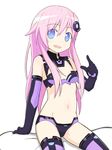  1girl bed bed_sheet black_gloves blue_eyes choujigen_game_neptune choujigen_game_neptune_mk2 elbow_gloves gloves long_hair looking_at_viewer navel neptune_(series) open_mouth purple_hair purple_sister simple_background small_breasts solo thighhighs white_background 