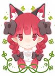  :3 akagashi_hagane animal_ears bow braid cat_ears clover extra_ears hair_bow kaenbyou_rin pointy_ears red_eyes red_hair solo touhou twin_braids upper_body white_background 
