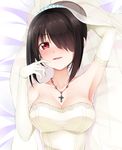  black_hair blush breasts bridal_veil cleavage cross cross_necklace date_a_live dress elbow_gloves gloves hair_over_one_eye highres jewelry large_breasts long_hair looking_at_viewer necklace qiuzhi_huiyi red_eyes smile solo strapless strapless_dress tokisaki_kurumi veil wedding_dress white_dress white_gloves 