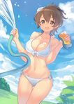  bangs bare_shoulders bikini blush breasts brown_eyes brown_hair cleavage cloud collarbone commentary_request day girls_und_panzer hair_ribbon hajime_kaname highres hose koyama_yuzu large_breasts long_hair looking_at_viewer navel open_mouth outdoors ponytail ribbon short_ponytail side-tie_bikini sky smile soap solo sponge swimsuit water wet white_bikini 