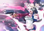  bad_id bad_pixiv_id batman_(series) blonde_hair blue_eyes breasts dc_comics dip-dyed_hair dual_wielding gun handgun harley_quinn highres holding jacket lipstick makeup medium_breasts midriff multicolored multicolored_clothes multicolored_jacket multicolored_shorts open_mouth pantyhose pistol short_shorts shorts smile solo suicide_squad tongue tongue_out twintails uiui_(hage04195) weapon 