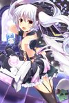  black_legwear brown_eyes chain_chronicle detached_sleeves fuuna garter_straps hand_in_hair highres long_hair looking_at_viewer open_mouth original silver_hair solo thighhighs twintails 