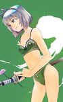  blue_eyes bob_cut bow bra breasts green_background green_bra green_panties hair_bow highres katana konpaku_youmu konpaku_youmu_(ghost) navel panties ribs sheath sheathed shirane_koitsu short_hair silver_hair small_breasts solo sword touhou underwear underwear_only weapon 