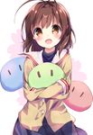  ahoge antenna_hair blush brown_eyes brown_hair buttons chikuwa. clannad dango dango_daikazoku food furukawa_nagisa hikarizaka_private_high_school_uniform long_sleeves looking_at_viewer object_hug open_mouth school_uniform serafuku short_hair smile solo wagashi |_| 