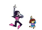  androgynous animated animated_gif brown_hair dancing expressionless frisk_(undertale) hair_over_one_eye mettaton mettaton_ex pointing robot shirt shorts striped striped_shirt undertale unoobang white_background 