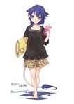  :3 alternate_costume animal_ears barefoot black_blouse blob blouse blue_eyes blue_hair blush character_name contemporary culottes doremy_sweet dream_soul full_body head_tilt highres long_sleeves looking_at_viewer pillow shirt shorts simple_background smile solo tail tapir_ears tapir_tail touhou toutenkou twitter_username white_background 