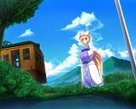  animal_ears blonde_hair blue_sky blush cloud day fox_ears fox_tail grass ground_vehicle hands_in_opposite_sleeves hat highres liya long_sleeves mountain multiple_tails outdoors pillow_hat scenery short_hair sky solo tabard tail tassel touhou train tree wide_sleeves yakumo_ran yellow_eyes 