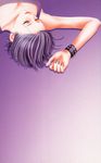  1girl absurdres black_hair cleavage eyelashes eyes_closed gradient gradient_background nail_polish nana_(series) official_art osaki_nana piercing purple purple_background purple_nails short_hair simple_background sleeveless sleeveless_shirt solo wristband yazawa_ai 