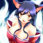  ahri animal_ears bare_shoulders black_hair breasts cleavage detached_sleeves facial_mark fox_ears fox_tail heart kinoope korean_clothes large_breasts league_of_legends long_hair looking_at_viewer open_mouth slit_pupils solo tail whisker_markings yellow_eyes 