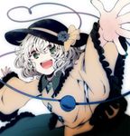  bow eyeball green_eyes hat hat_bow hat_ribbon heart heart-shaped_pupils heart_of_string komeiji_koishi long_sleeves open_mouth outstretched_arms ribbon shirt short_hair silver_hair skirt smile solo string symbol-shaped_pupils third_eye touhou wide_sleeves yonago 