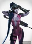  1girl belt black_eyes blue_hair bodysuit breasts cleavage cosplay gloves gun helmet jannet_vinogradova long_hair looking_at_viewer open_mouth overwatch ponytail purple_skin sniper spandex tattoo weapon widowmaker_(overwatch) 