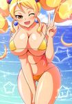  1girl aokura_shou bikini blonde_hair breasts brown_eyes collarbone cure_honey curvy earrings female happinesscharge_precure! highres huge_breasts leaning_forward long_hair long_twintails looking_at_viewer ocean open_mouth outdoors precure shiny solo standing string_bikini summer swimsuit thick_thighs thigh_gap twintails wink yellow_bikini yellow_swimsuit 